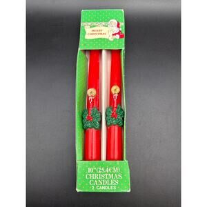 Vintage Christmas Taper Candles Red Santa Holly Decor Pair Holiday Display